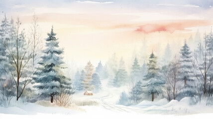 Wall Mural - Watercolor Winter Landscape Vintage Christmas water