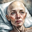 A beautiful young bald skinny girl  woman suffering with cancer, sadness in her eyes and face.  She is laying in a hospital bed.