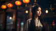 In ancient China, a young woman with flowing long hair stands outdoors in the night, dressed in a gray silky hanfu gown, near a lantern-lit house