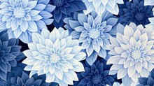 Hand-drawn Dahlia Blooms In Shades Of Blue And Teal, Forming A Serene And Enchanting Seamless Pattern For Your Design Needs.