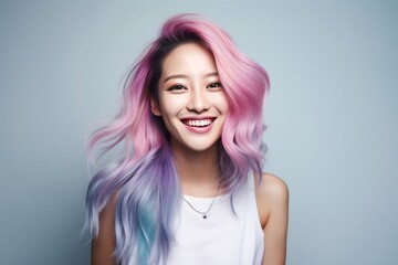 Smiling asian young woman with colorful hair studio portrait. AI generative