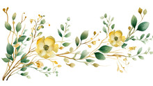 Floral And Leaf Card. Watercolor Design. For Banners, Posters, Invitations, Watercolor Flora Green & Gold Leaf Branches Collection Floral Pattern.