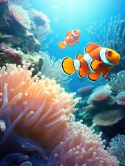 Wall Mural - Amphiprion ocellaris clownfish and anemone in sea.