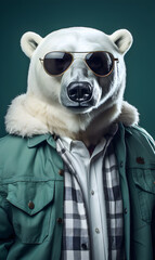 portrait of polar bear dressed in trendy urban clothes, confident. fashion portrait of an anthropomo
