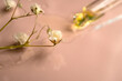 Pipettes with serum and flowers on a pink background