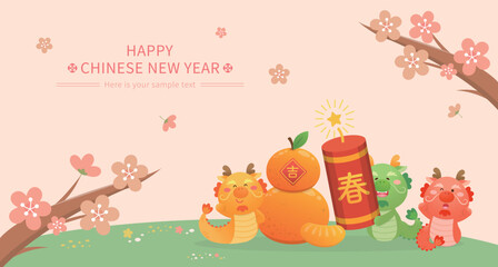 Wall Mural - Cartoon style dragon mascot celebrating Chinese new year, firecrackers with orange and plum blossoms, pink spring poster