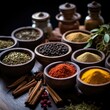 Various spices and herbs in bowls on a wooden table. Generative AI.