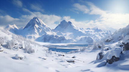 Poster - snow-covered landscapes, including mountains, forests, rivers, lakes and fields. llustration for cov