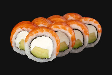 Poster - Sushi roll with salmon, avacado, cream cheese on a black background