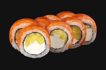 Poster - Sushi roll with salmon, daikon, cream cheese on a black background