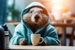 Cozy Groundhog In Hoodie Drinking Tea or Coffee. Warm Indoor Lighting. Cute Animal. Winter and Groundhog Day Themes. AI Generated