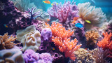Fototapeta Do akwarium - coral reef macro : texture, abstract marine ecosystem background on a coral reef. generative ai.