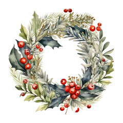 Wall Mural - Watercolor Christmas Wreath isolated on transparent background