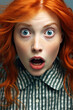 Redhead girl react omg shook, drop jaw speechless, stare impressed gasping amazed, hear surprising news