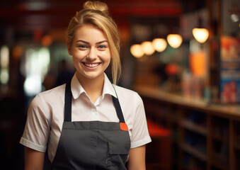 Portrait of happy smiling confident Waitress