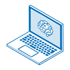 Wall Mural - Isometric laptop computer displaying a brain icon in line art style