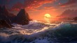 A picturesque coastal scene with waves crashing against the rocks at sunset