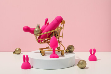 Canvas Print - Sex toys with Christmas decorations and shopping cart.