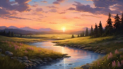 Wall Mural - A serene meadow with a river winding through it at sunset, reflecting the sky