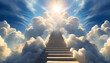 Stairway to Heaven. A long empty staircase among beautiful cumulus clouds against a blue sky with sunbeams.