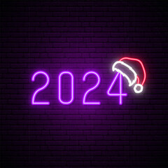 Wall Mural - 2024 new year with santa hat. Neon Purple New Year sign. Greeting banner for your design.