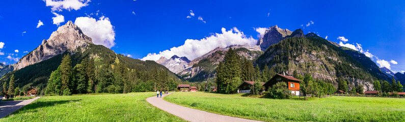 Sticker - Switzerland scenic places. picturesque  Kanderseg village and ski resort surrouded by impressive Alps mountains. Canton of Bern