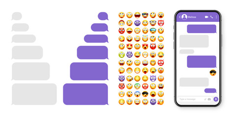 Smartphone messaging app, user interface design with emoji. SMS text frame. Chat screen with violet message bubbles. Texting app for communication. Social media application. Vector illustration
