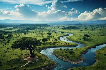 Wall Mural - Tanzania landscape. A river flowing in a mountain valley. Aerial drone view. Generative AI Art. Beautiful view.