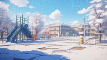 Kids Playground In Winter With Snowfall Atmosphere, Anime Or Cartoon Illustration Style. Seamless Looping Video Background Animation. Generated With AI