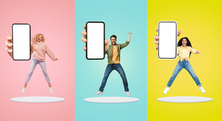 Happy young arab and european people with open mouth show big smartphone