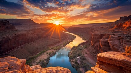 Wall Mural - A beautiful river winding through a canyon as the sun sets in the distance