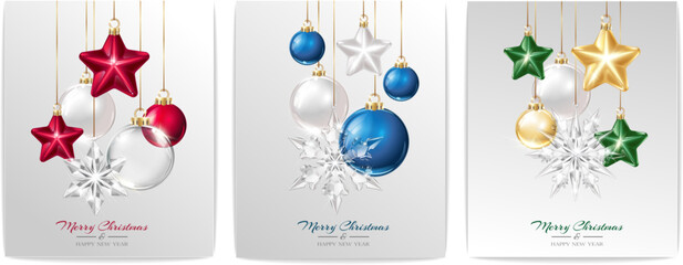 Wall Mural - Vector realistic Christmas decorations on a light abstract background. Glass sphere, sparkling heart and star