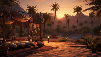 Wall Mural - A desert oasis with palm trees and a breathtaking desert sunset in the backdrop, with a Bedouin tent