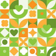 Wall Mural - Seamless pattern with square grid, simple abstract geometric shapes of plants, leaves, heart. Vector graphics.