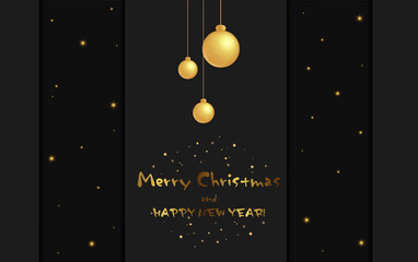  Christmas and New Year vector black background with sparkle stars and golden holiday balls