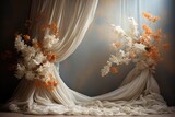 Fototapeta  - wedding backdrop, maternity backdrop, Light hoop weaved with orange flowers, white flowers, elegant wall background, flowing white satin drapes, backdrop, photography backdrop