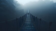 Fuzzy man walking on hanging bridge vanishing in fog. Focus on middle of bridge. generative ai.