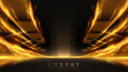 Wall Mural - space empty black stage scene and gold light elements with hot flame effect decorations around with 