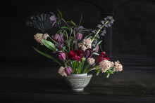 Bouquet Of Tulips, Snakes Head Fritillaries (Frittilaria Meleagris), Persian Lilies (Frittilaria Persica)hellebores And Skimmia Japonica
