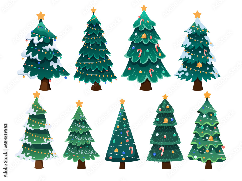 Christmas trees vector illustration set showcasing a diverse collection ...