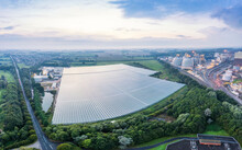UK, England, Drax, Aerial View Of Vast Greenhouse