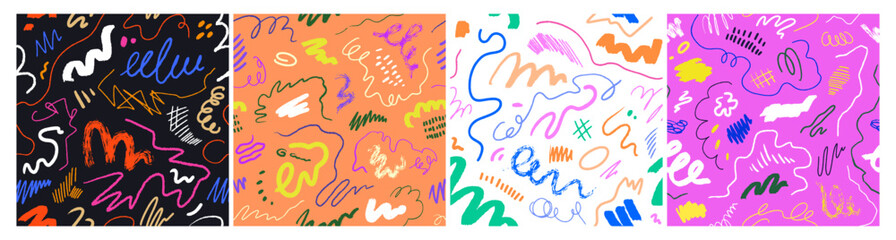 Aufkleber - Abstract doodle backgrounds, seamless patterns set. Repeating scribble lines, hand-drawn shapes, endless texture, print design. Colored kids graphic vector illustration for textile, fabric, wrapping
