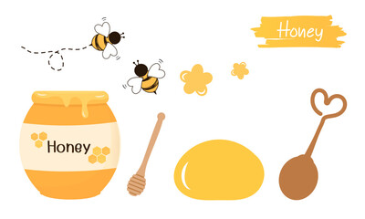 Canvas Print - Honey icon set with honey jar, bee logo, cute flower, honey drop and spoon isolated on white background vector illustration.