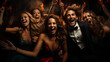 © ShkYo30 - Four Womans and One Man dressed for party in euphoria inside a street crowd to celebrate a very happy event with red sparkle and night in background