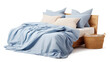 © MONWARA - A comfortable bed adorned with crisp blue bed sheets and fluffy pillows. Next to the bed, there's a beige basket, isolated on a transparent background, Generative AI