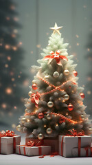 Wall Mural - 3d rendering of a snow-covered Christmas tree with gold and red decorations and gifts on a background with copy space, vertical Merry Christmas and Happy New Year card
