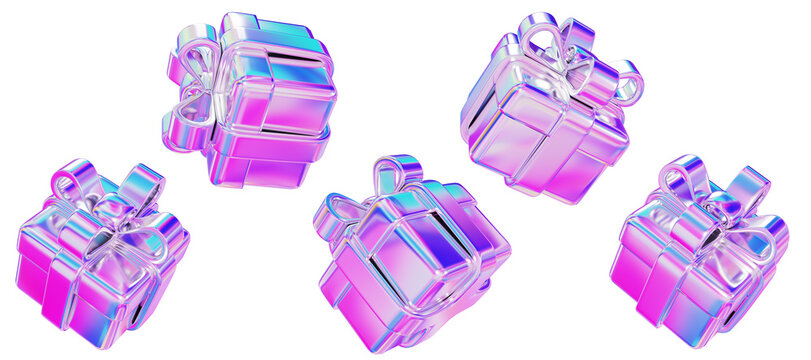 3d set holographic gift box on isolated background. Present with neon colors. 3d rendering illustration..