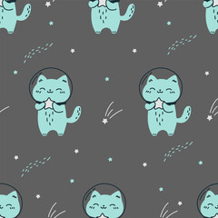 Wall Mural - Seamless vector pattern on white background. Cute cat in a spacesuit holding a star in his paws. . Vector illustration