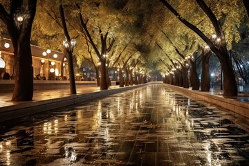 Wall Mural - Riverside at night with trees lighting up, in the style
