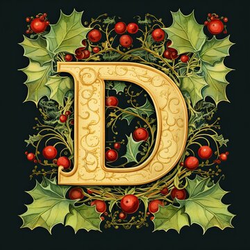 D capital letter. Christmas theme with holly leaves and berries. Style of an illuminated manuscript.